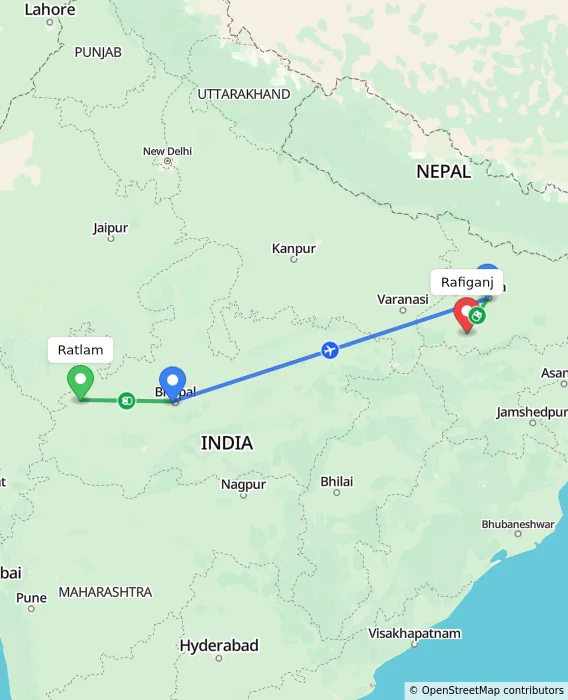 Route map showing distance and travel time from Ratlam, India to Rafiganj, India