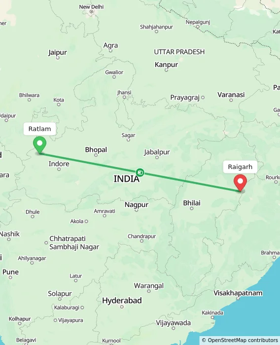 Route map showing distance and travel time from Ratlam, India to Raigarh, India