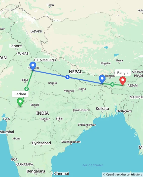 Route map showing distance and travel time from Ratlam, India to Rangia, India