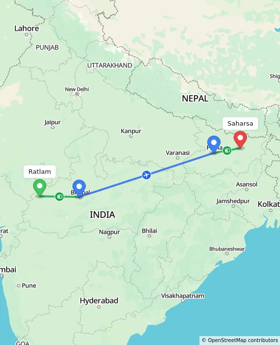 Route map showing distance and travel time from Ratlam, India to Saharsa, India