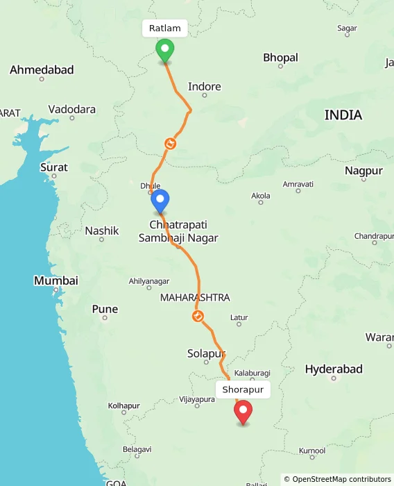 Route map showing distance and travel time from Ratlam, India to Shorapur, India