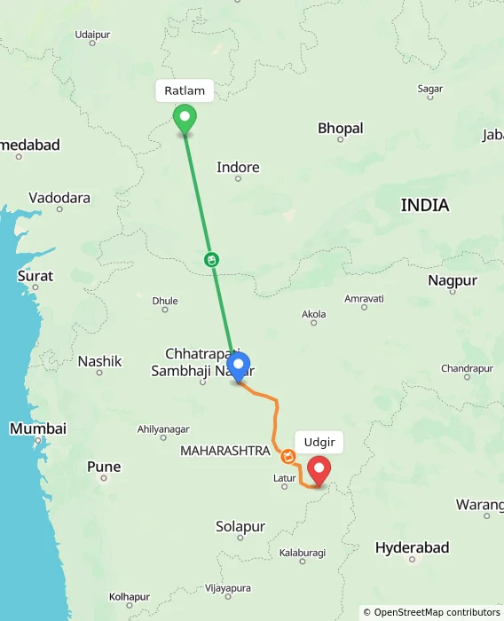Route map showing distance and travel time from Ratlam, India to Udgir, India