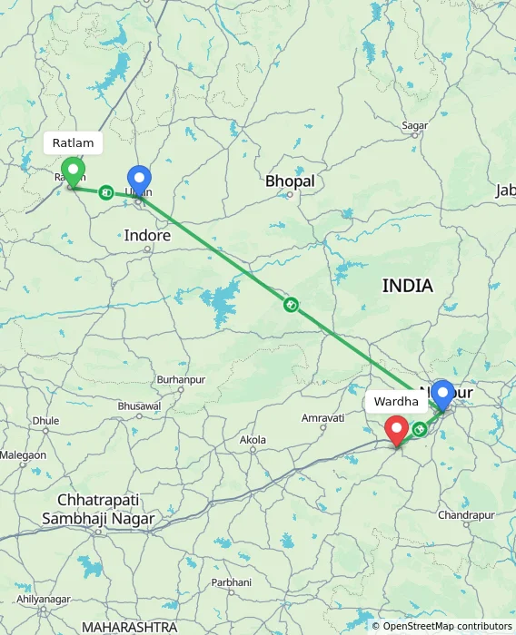 Route map showing distance and travel time from Ratlam, India to Wardha, India