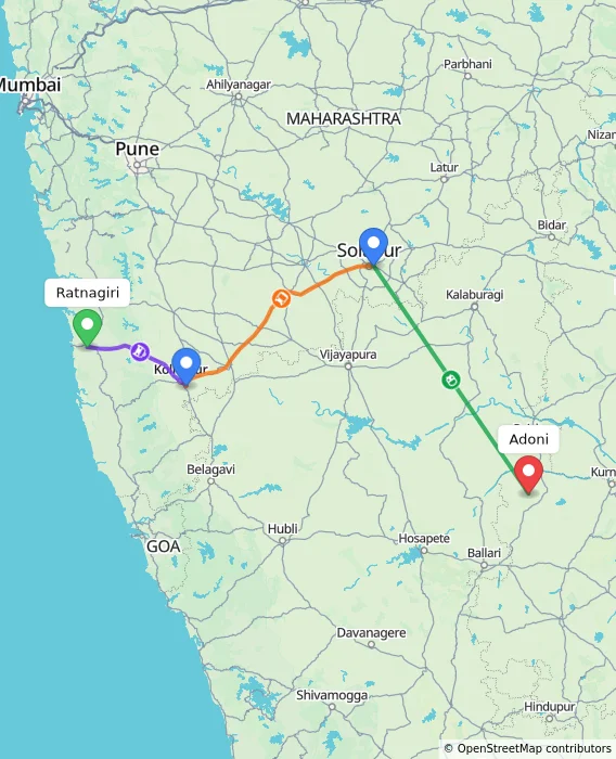 Route map showing distance and travel time from Ratnagiri, India to Adoni, India
