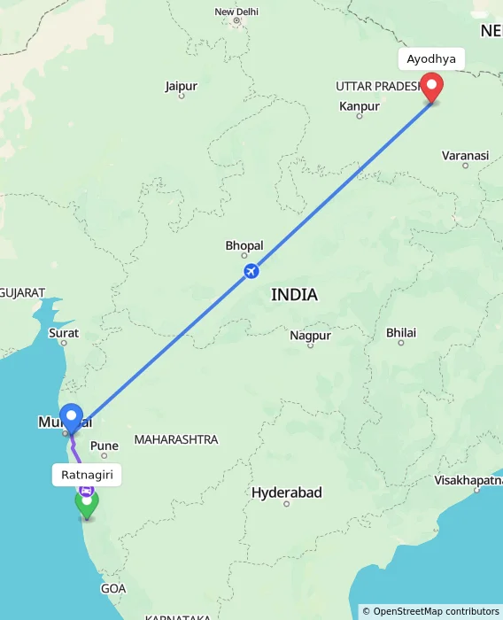 Route map showing distance and travel time from Ratnagiri, India to Ayodhya, India