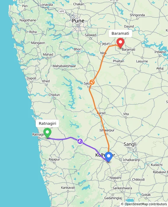 Route map showing distance and travel time from Ratnagiri, India to Baramati, India