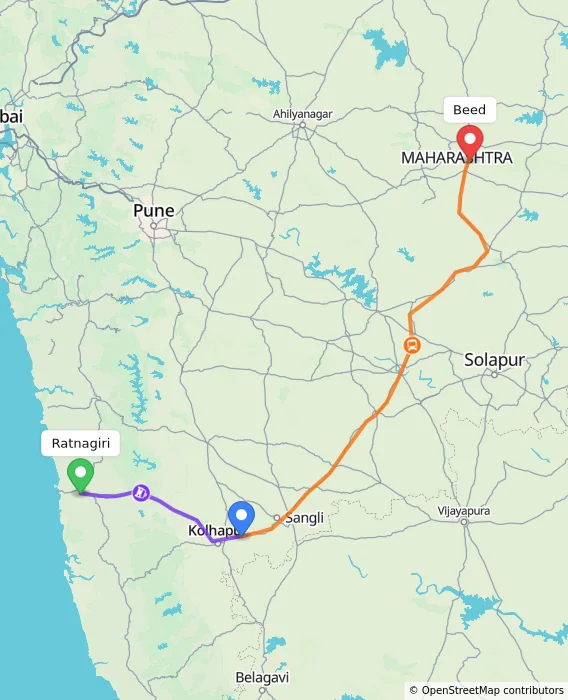 Route map showing distance and travel time from Ratnagiri, India to Beed, India