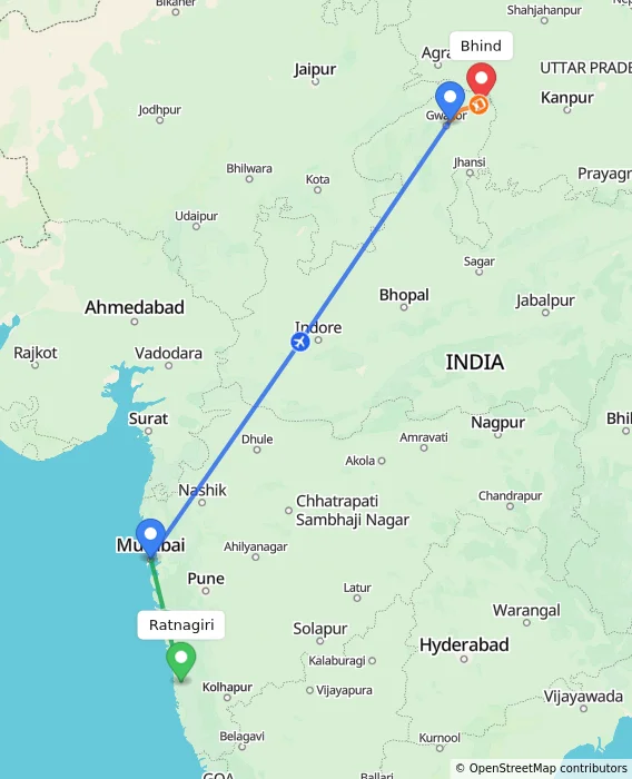 Route map showing distance and travel time from Ratnagiri, India to Bhind, India