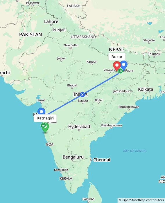 Route map showing distance and travel time from Ratnagiri, India to Buxar, India