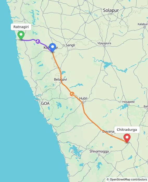 Route map showing distance and travel time from Ratnagiri, India to Chitradurga, India
