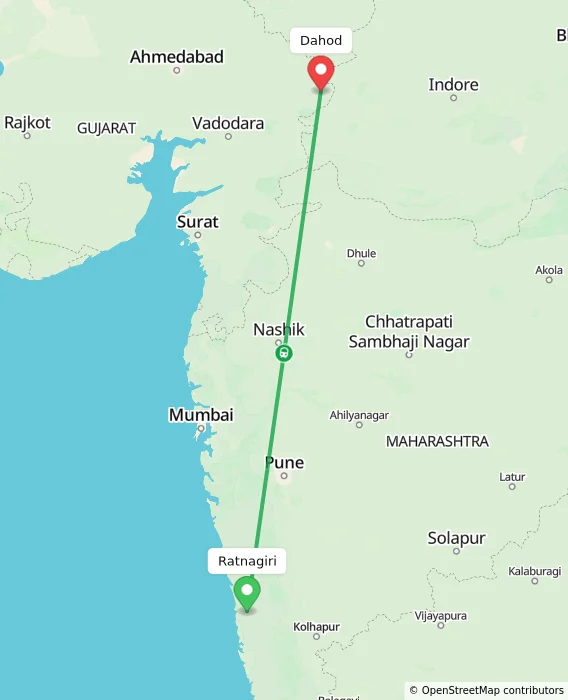 Route map showing distance and travel time from Ratnagiri, India to Dahod, India