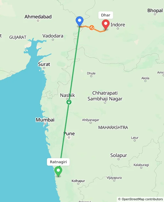 Route map showing distance and travel time from Ratnagiri, India to Dhar, India