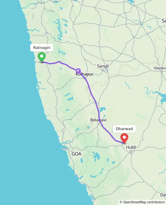 Route map showing distance and travel time from Ratnagiri, India to Dharwad, India