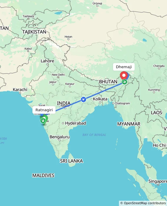 Route map showing distance and travel time from Ratnagiri, India to Dhemaji, India