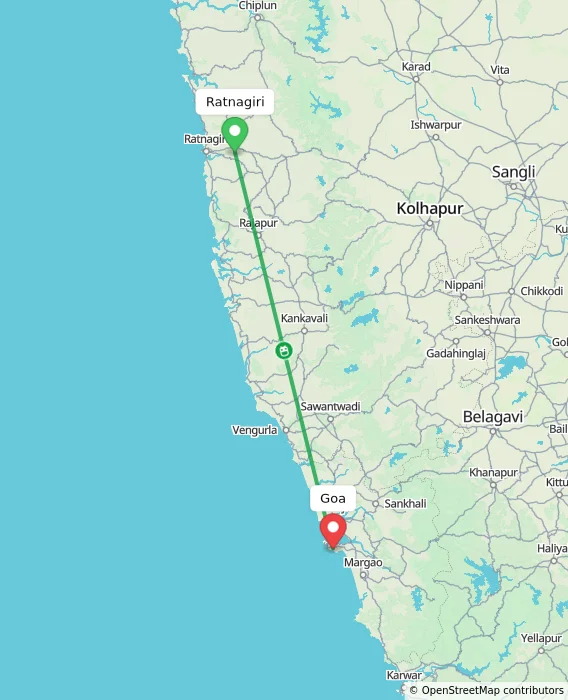 Route map showing distance and travel time from Ratnagiri, India to Goa, India