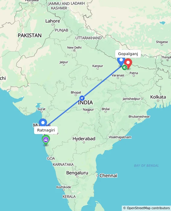 Route map showing distance and travel time from Ratnagiri, India to Gopalganj, India