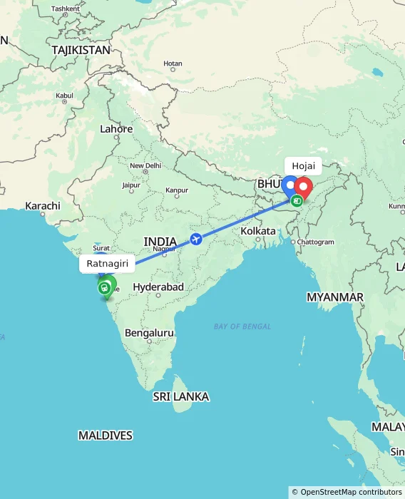 Route map showing distance and travel time from Ratnagiri, India to Hojai, India