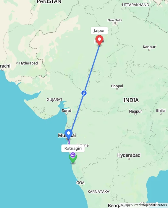 Route map showing distance and travel time from Ratnagiri, India to Jaipur, India