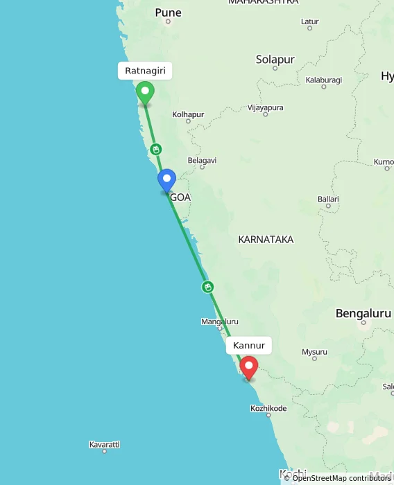 Route map showing distance and travel time from Ratnagiri, India to Kannur, India