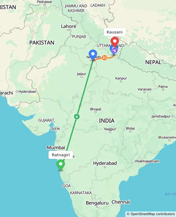 Route map showing distance and travel time from Ratnagiri, India to Kausani, India