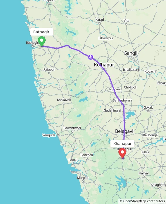 Route map showing distance and travel time from Ratnagiri, India to Khanapur, India