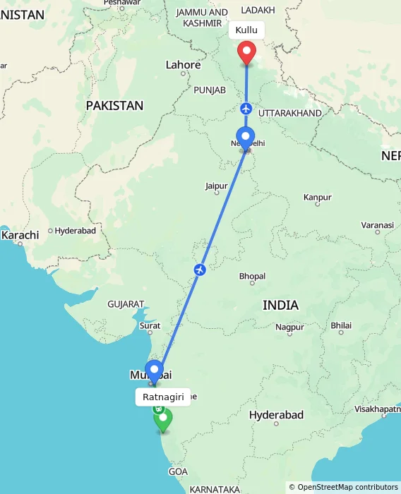 Route map showing distance and travel time from Ratnagiri, India to Kullu, India