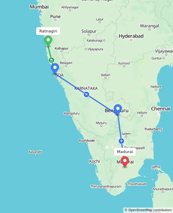 Route map showing distance and travel time from Ratnagiri, India to Madurai, India
