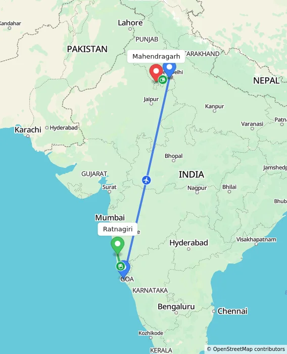 Route map showing distance and travel time from Ratnagiri, India to Mahendragarh, India