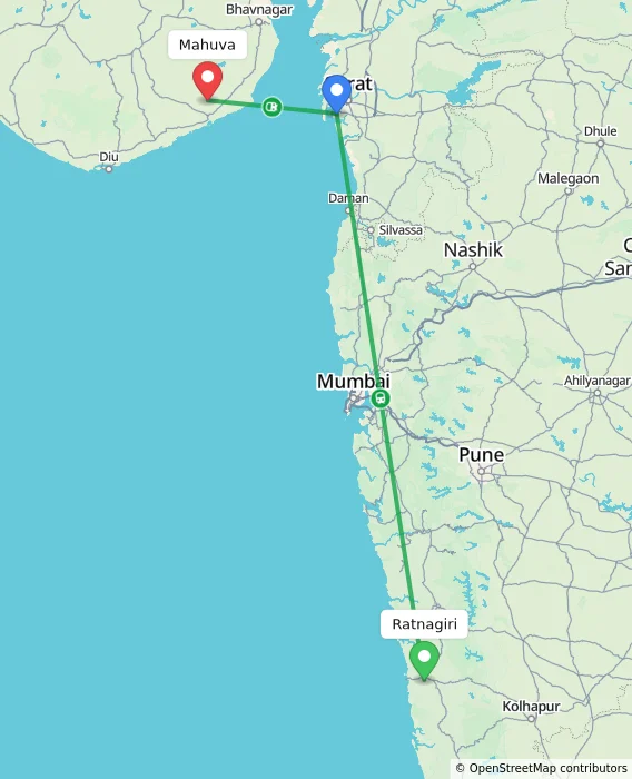 Route map showing distance and travel time from Ratnagiri, India to Mahuva, India