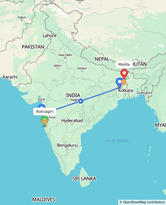 Route map showing distance and travel time from Ratnagiri, India to Malda, India