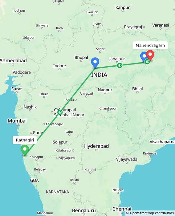 Route map showing distance and travel time from Ratnagiri, India to Manendragarh, India