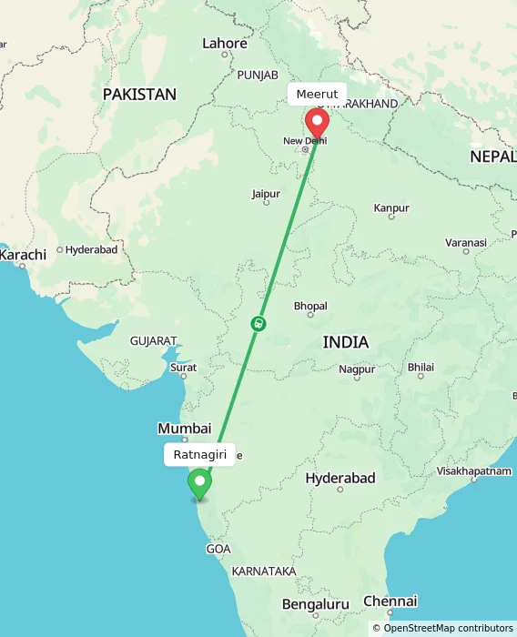 Route map showing distance and travel time from Ratnagiri, India to Meerut, India