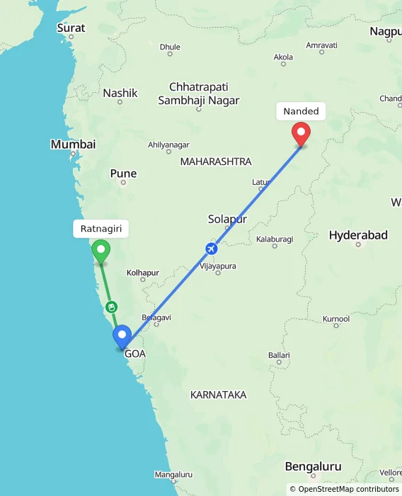 Route map showing distance and travel time from Ratnagiri, India to Nanded, India