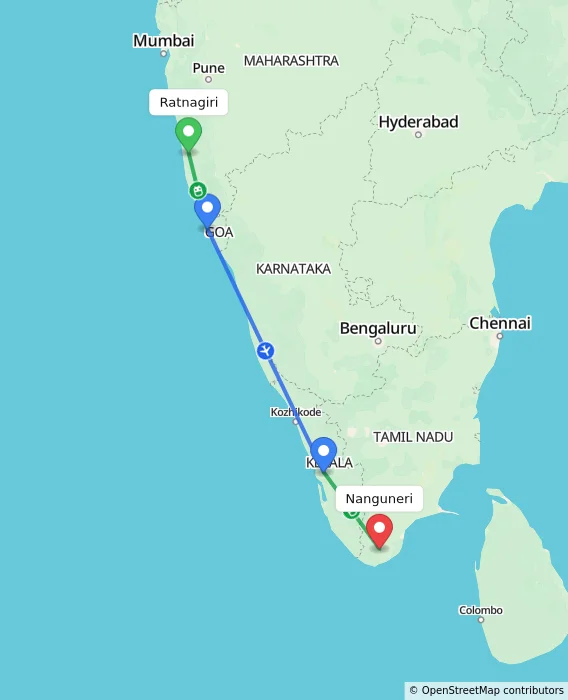 Route map showing distance and travel time from Ratnagiri, India to Nanguneri, India