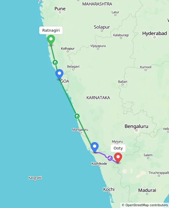 Route map showing distance and travel time from Ratnagiri, India to Ooty, India