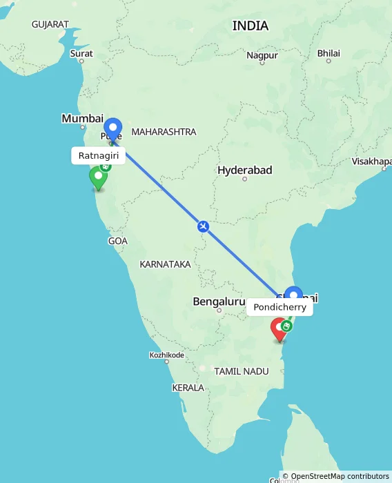 Route map showing distance and travel time from Ratnagiri, India to Puducherry, India