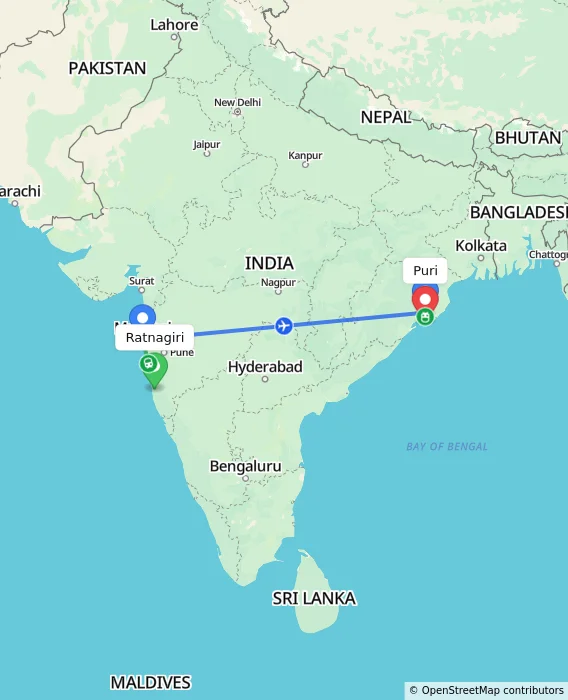 Route map showing distance and travel time from Ratnagiri, India to Puri, India