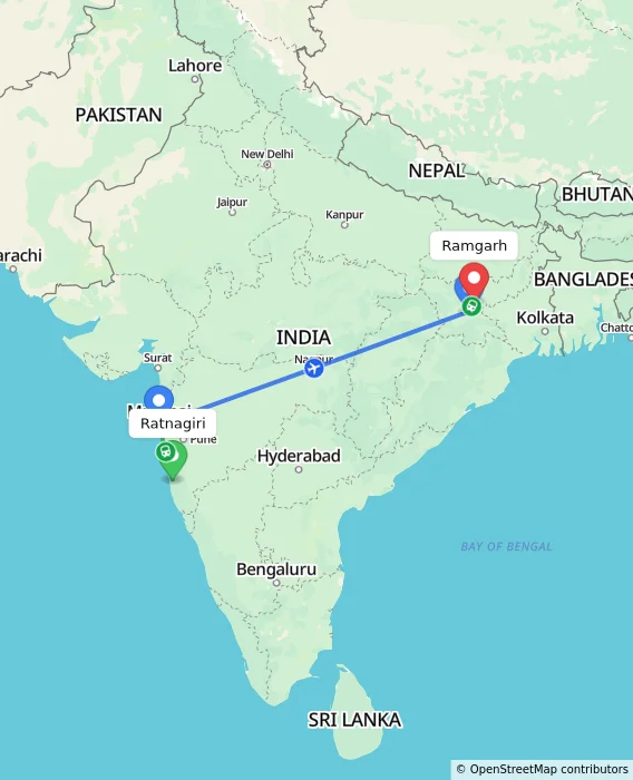Route map showing distance and travel time from Ratnagiri, India to Ramgarh, India