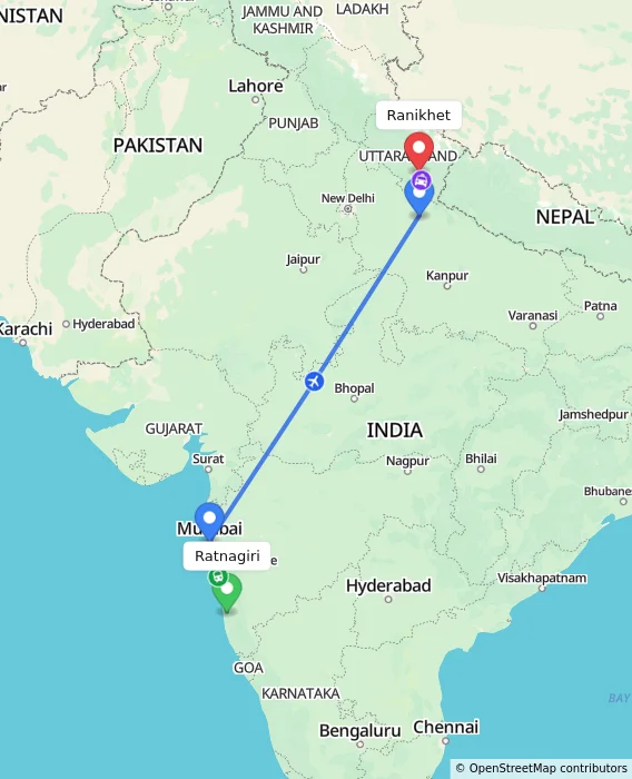 Route map showing distance and travel time from Ratnagiri, India to Ranikhet, India