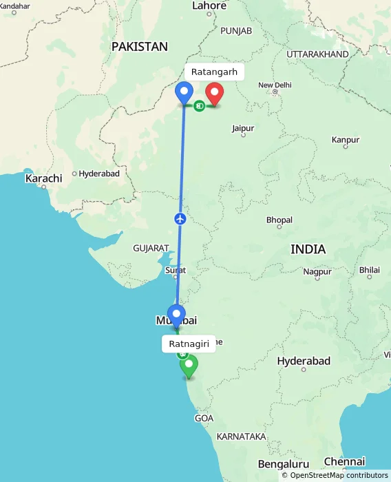 Route map showing distance and travel time from Ratnagiri, India to Ratangarh, India