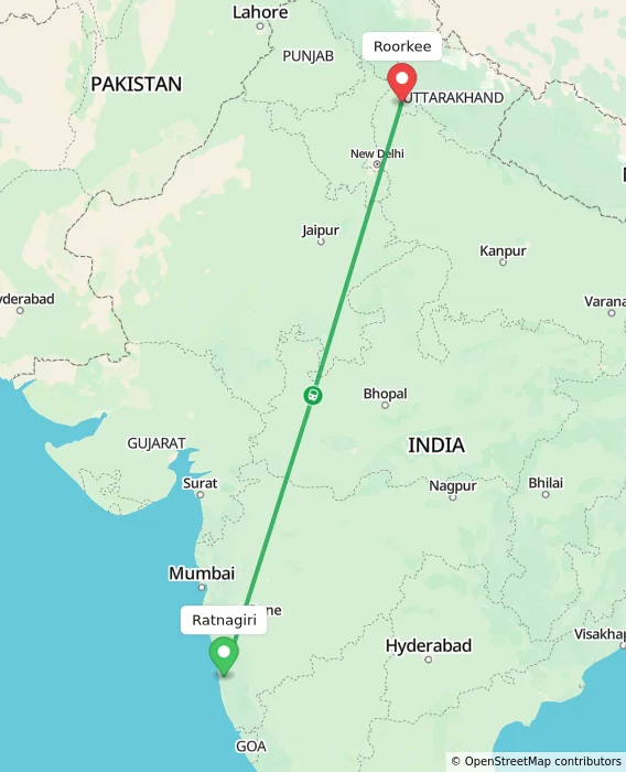 Route map showing distance and travel time from Ratnagiri, India to Roorkee, India