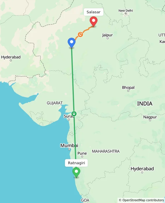 Route map showing distance and travel time from Ratnagiri, India to Salasar, India