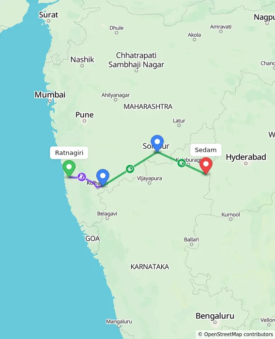 Route map showing distance and travel time from Ratnagiri, India to Sedam, India