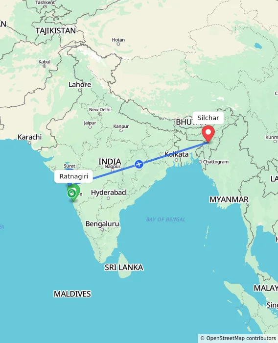 Route map showing distance and travel time from Ratnagiri, India to Silchar, India