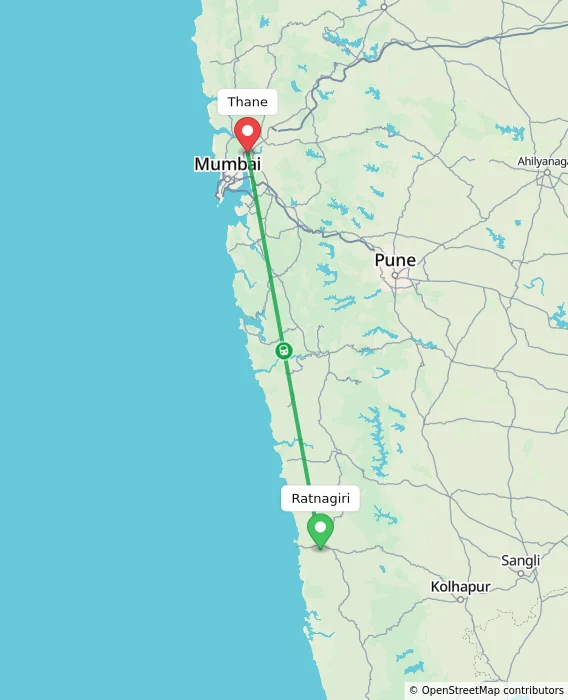 Route map showing distance and travel time from Ratnagiri, India to Thane, India