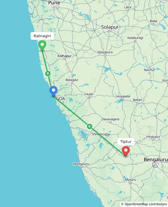 Route map showing distance and travel time from Ratnagiri, India to Tiptur, India