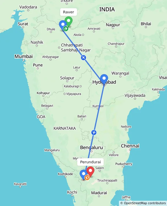Route map showing distance and travel time from Raver, India to Perundurai, India