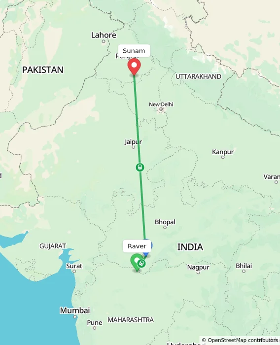 Route map showing distance and travel time from Raver, India to Sunam, India
