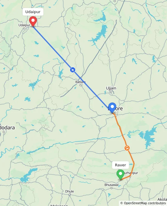 Route map showing distance and travel time from Raver, India to Udaipur, India