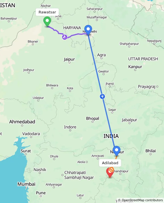 Route map showing distance and travel time from Rawatsar, India to Adilabad, India